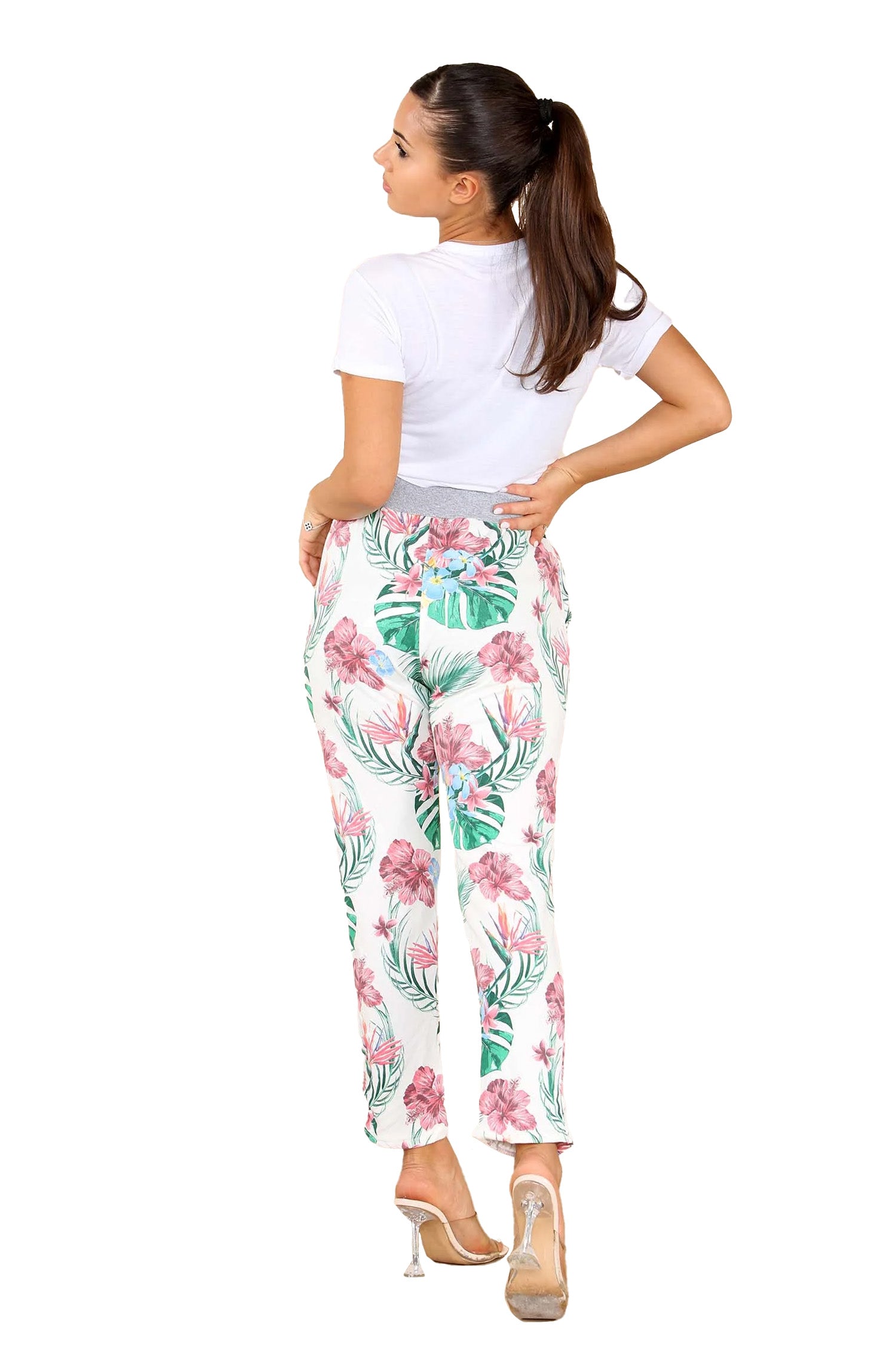 Italian Tropical Print Drawstring Cotton Joggers - White